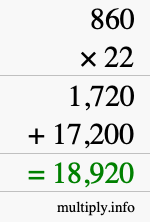 How to calculate 860 times 22 using long multiplication