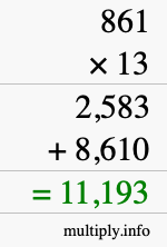 How to calculate 861 times 13 using long multiplication
