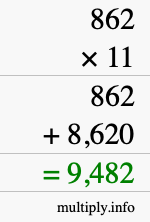 How to calculate 862 times 11 using long multiplication