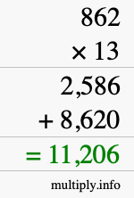 How to calculate 862 times 13 using long multiplication