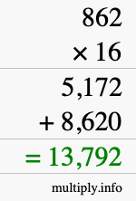 How to calculate 862 times 16 using long multiplication