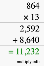 How to calculate 864 times 13 using long multiplication