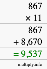 How to calculate 867 times 11 using long multiplication