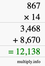 How to calculate 867 times 14 using long multiplication