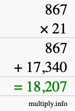 How to calculate 867 times 21 using long multiplication
