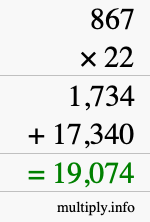 How to calculate 867 times 22 using long multiplication