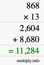 How to calculate 868 times 13 using long multiplication