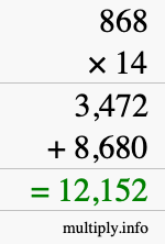 How to calculate 868 times 14 using long multiplication