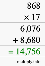 How to calculate 868 times 17 using long multiplication
