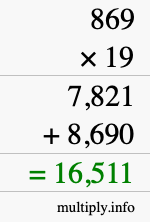 How to calculate 869 times 19 using long multiplication