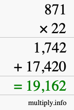 How to calculate 871 times 22 using long multiplication