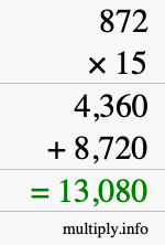 How to calculate 872 times 15 using long multiplication