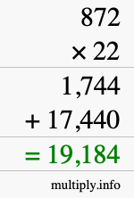 How to calculate 872 times 22 using long multiplication
