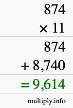 How to calculate 874 times 11 using long multiplication