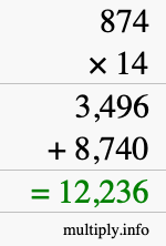 How to calculate 874 times 14 using long multiplication