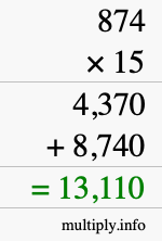How to calculate 874 times 15 using long multiplication