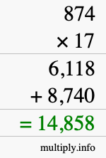 How to calculate 874 times 17 using long multiplication