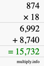 How to calculate 874 times 18 using long multiplication