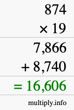 How to calculate 874 times 19 using long multiplication