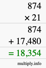How to calculate 874 times 21 using long multiplication