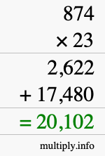 How to calculate 874 times 23 using long multiplication