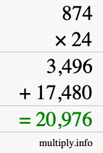 How to calculate 874 times 24 using long multiplication