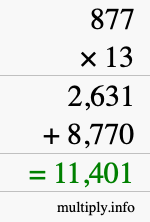 How to calculate 877 times 13 using long multiplication
