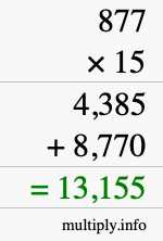 How to calculate 877 times 15 using long multiplication