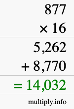 How to calculate 877 times 16 using long multiplication