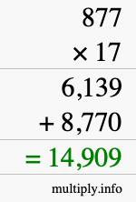 How to calculate 877 times 17 using long multiplication