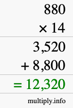 How to calculate 880 times 14 using long multiplication