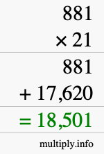 How to calculate 881 times 21 using long multiplication