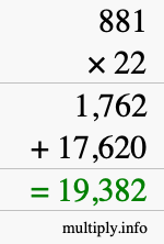 How to calculate 881 times 22 using long multiplication
