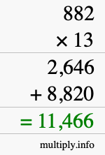 How to calculate 882 times 13 using long multiplication