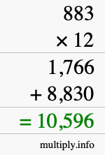 How to calculate 883 times 12 using long multiplication
