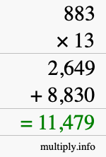 How to calculate 883 times 13 using long multiplication