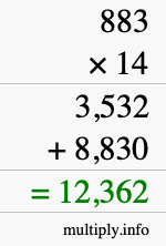 How to calculate 883 times 14 using long multiplication
