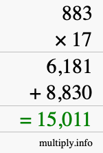 How to calculate 883 times 17 using long multiplication