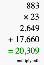 How to calculate 883 times 23 using long multiplication