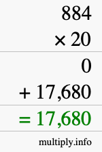 How to calculate 884 times 20 using long multiplication