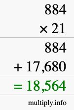 How to calculate 884 times 21 using long multiplication