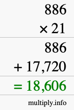 How to calculate 886 times 21 using long multiplication