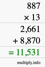 How to calculate 887 times 13 using long multiplication