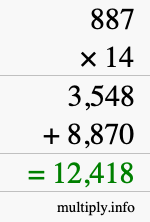 How to calculate 887 times 14 using long multiplication