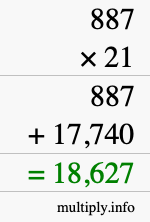 How to calculate 887 times 21 using long multiplication
