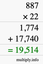How to calculate 887 times 22 using long multiplication