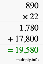 How to calculate 890 times 22 using long multiplication