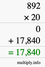 How to calculate 892 times 20 using long multiplication