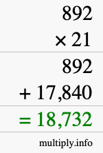 How to calculate 892 times 21 using long multiplication