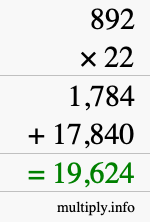 How to calculate 892 times 22 using long multiplication